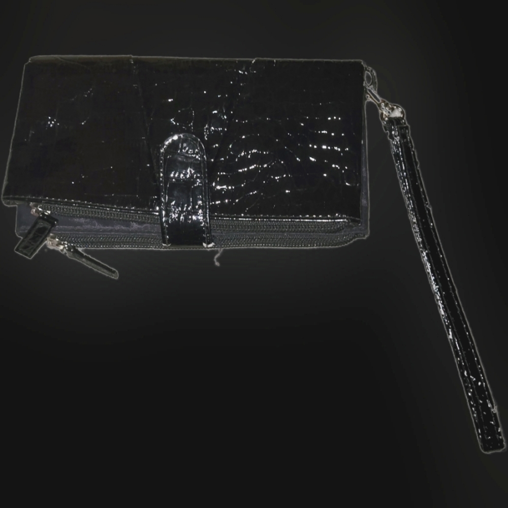 SHINY BLACK LEATHERCROCODILE EMBOSSEDCLUTCH WRISTLET WALLETPURSE BAG